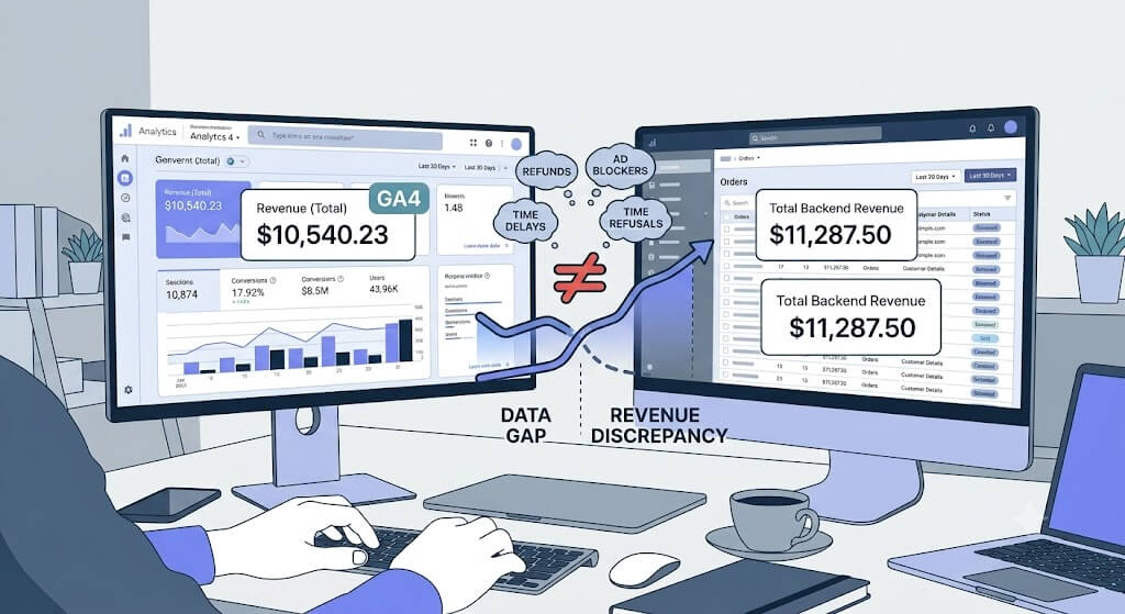 GA4 and your ecommerce backend will never report the same revenue. Here's where the gap comes from, how big it should be, and which number to actually trust.